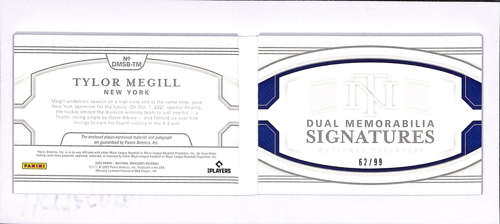 2022 National Treasures Tylor Megill RC Rookie Dual Patch Auto Booklet #62/99 view 2