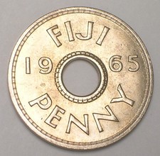 1965 Fiji Fijian One 1 Penny Crowned Hole Coin XF