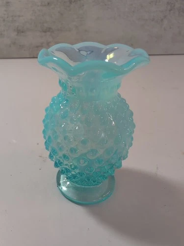 Vintage Fenton Blue Opalescent Hobnail 3.75" Glass Vase Crimped Top