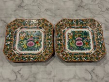 Pair of Antique Chinese Hand Painted Famille Rose Square-Shaped Plates