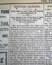 NIKOLA TESLA & Thomas Edison Glow Lamp Cold Light  Rivalry Claims 1897 Newspaper