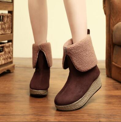 Womens Fashion Faux Suede Fleeced Cuffed Platform Ethnic Ankle Boots Shoes 5460