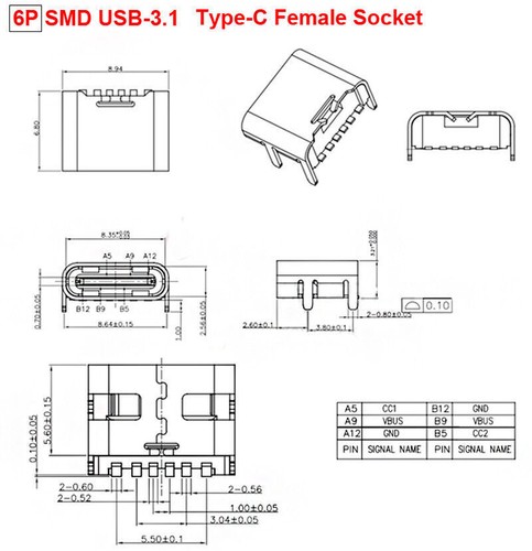 6P SMD USB-3.1 Type-C Female Socket 6Pin Connector For High Current Fast Charge - Picture 5 of 6