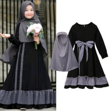 Kids Girls Hijab Abaya Muslim Prayer Dress Khimar Caftan Islamic Kaftan Robe Set