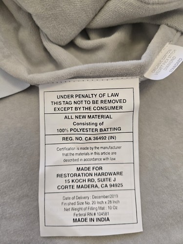 Restoration Hardware Organic Cotton Velvet Diamond Sham Grey Standard Size - Picture 4 of 8