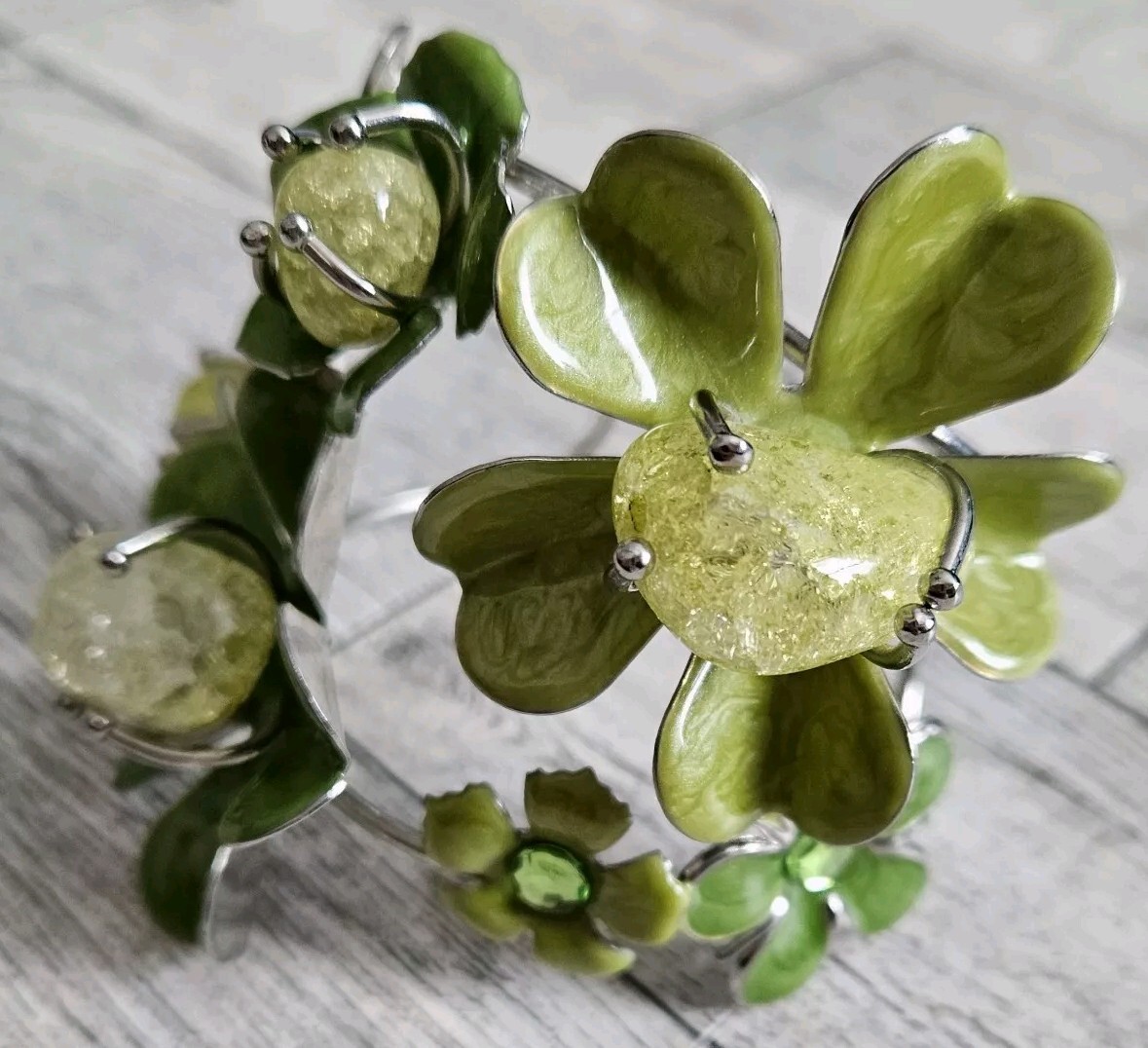 Green Flower Statement Bracelet Large Elamel Flow… - image 7