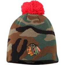 Chicago Blackhawks Reebok NHL Hockey Camo Cuffless Beanie Knit Hat with Pom