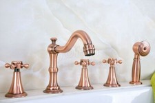 Red Copper Deck Mounted 3 Holes Bath Tub Mixer Tap Widespread Bathroom Faucet