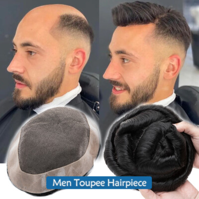 PU Herren Perücke 100% Echthaar Toupee Toupiert Ersatz Haarteile Schwarz Wig Neu