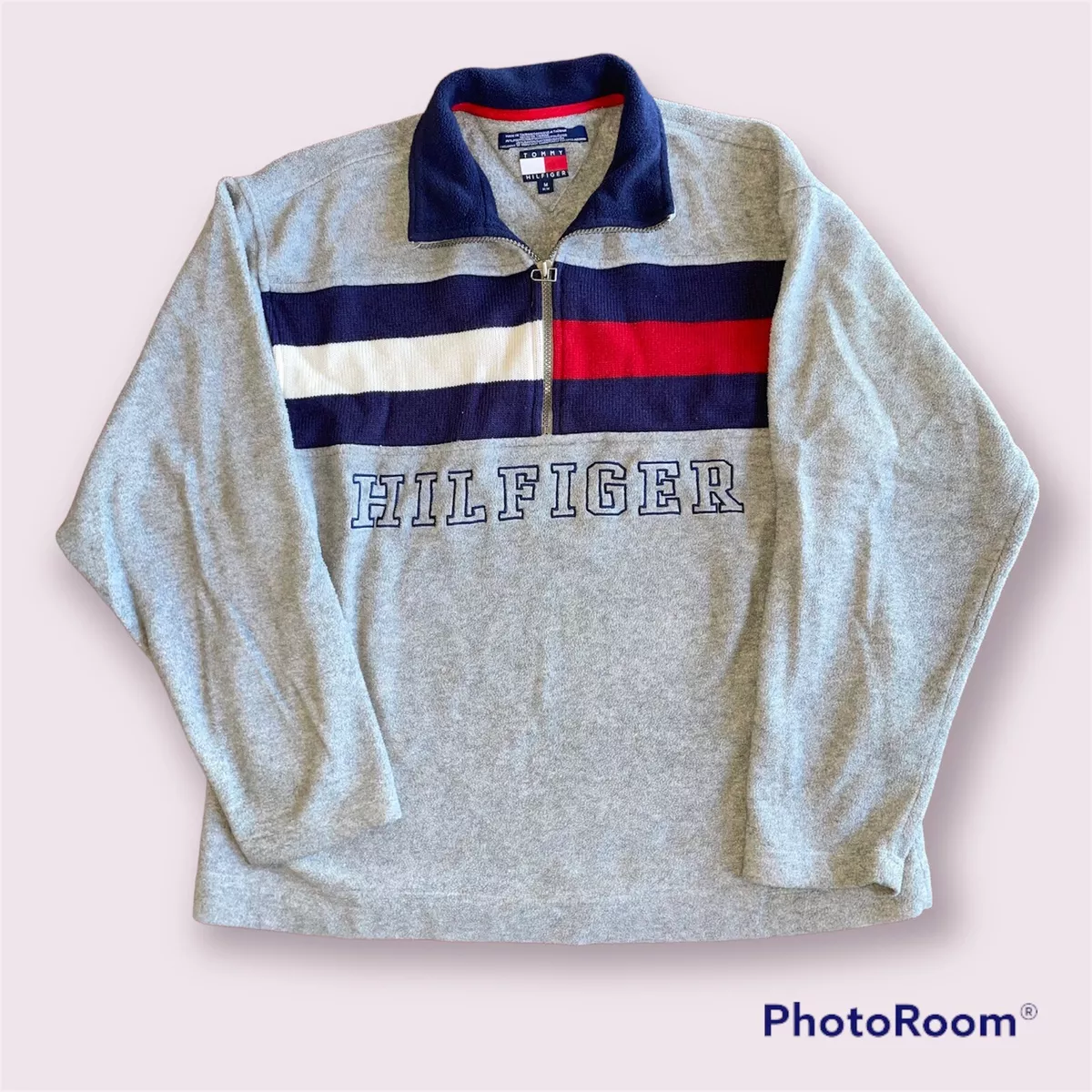 Vintage Rare Tommy Hilfiger Big Logo Flag Quarter Zip Fleece Jacket Mens  Medium