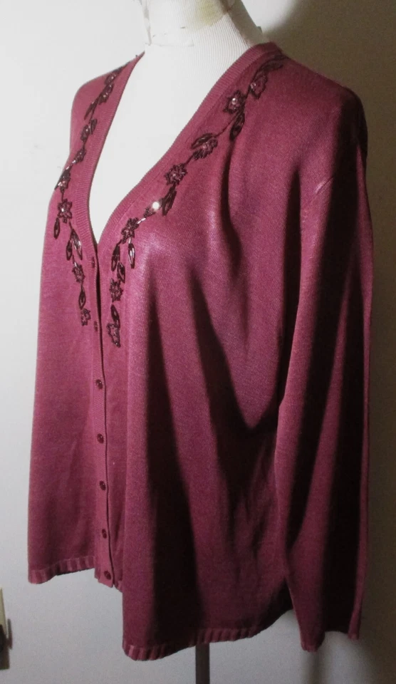 Cárdigan suéter DIANE GILMAN púrpura 100 % seda bordado con cuentas talla 1X Foto 4 de 4