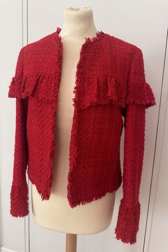 Mango Red Boucle Frayed Edge Jacket Size Small USED Gently Worn - Picture 3 of 15