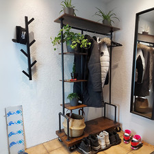 Image of Rustic 5 Tier Clothes Rail Hat and Coat Stand Shoe Rack Shelf Storage on Wheels
