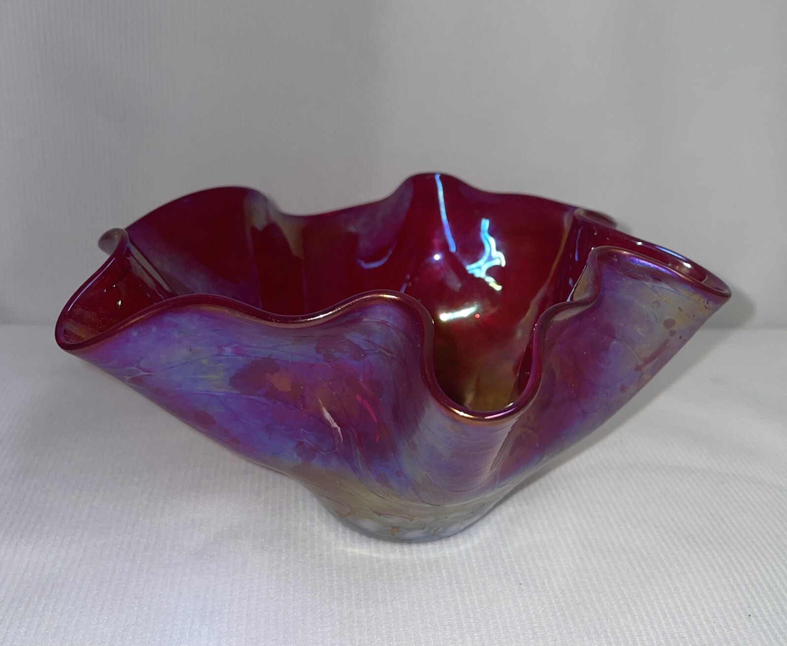 Hand Blown Wavy Edge Iridescent Carnival Glass Bowl Pontil Mark 3 1/2 Inches