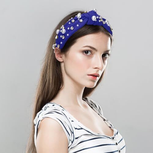 WantGor Pearl Knotted Headband, Women Rhinestone Embellished Hairband Blue - Bild 4 von 6