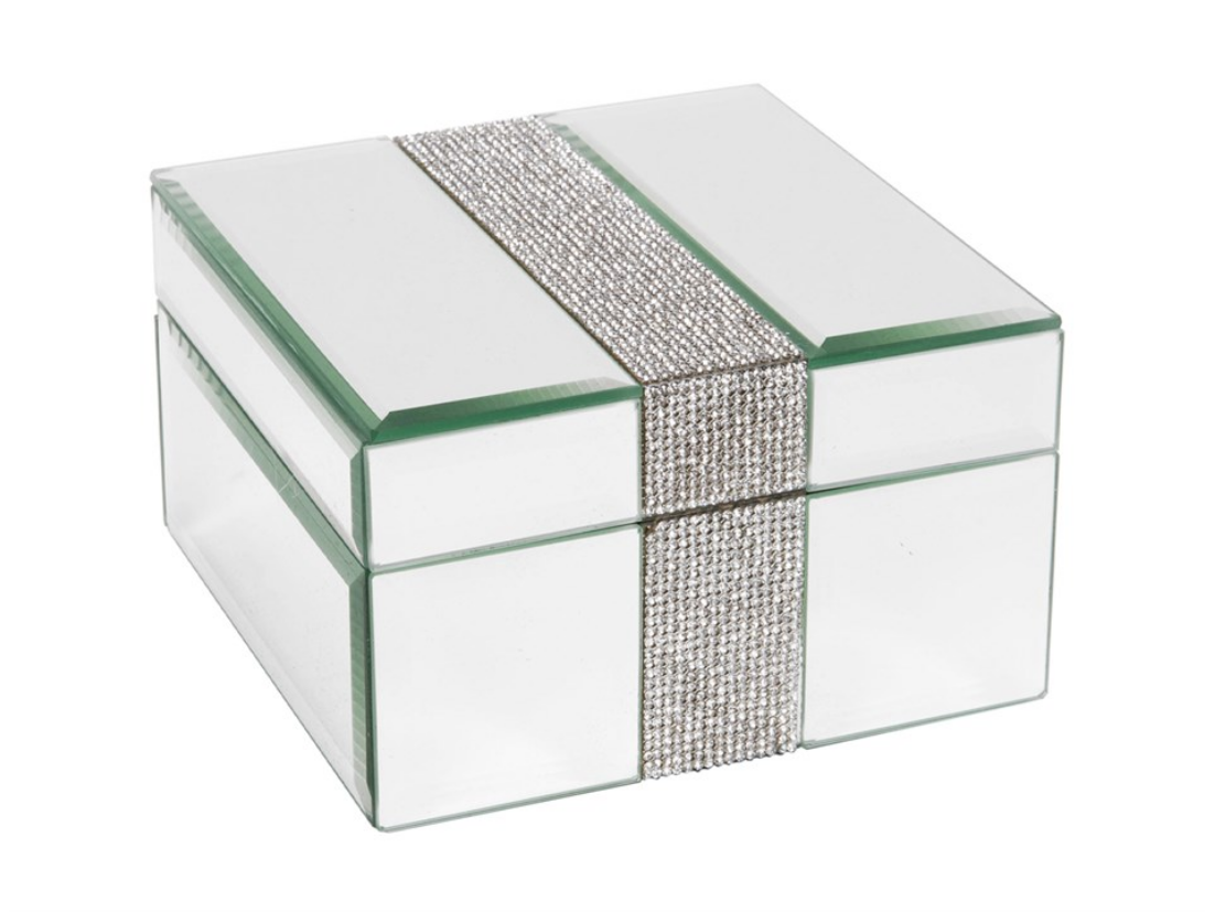 Hestia Square Mirror Jewellery Trinket Box with Diamante Crystal Band