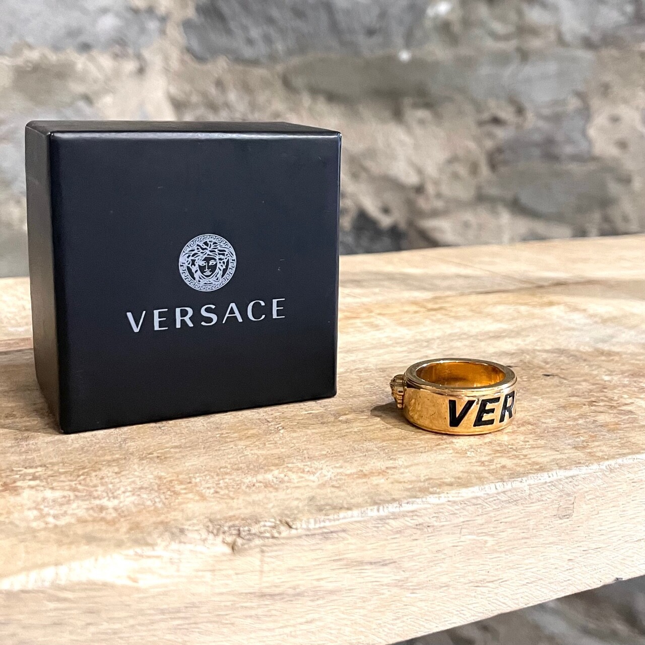 Versace Gold Tone Medusa Logo Band Ring Gem