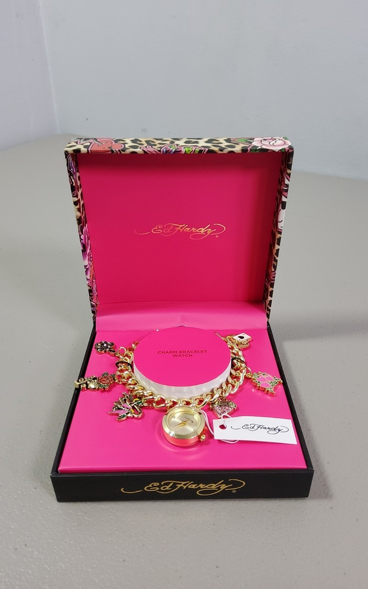 Ed Hardy Charm‎ Bracelet Watch Heart Charms Gold Tone w/ Tattoo Art Gift Box NWT Ed Hardy | Jewelry | New Ed Hardy Charm Watch Bracelet New  main image 2