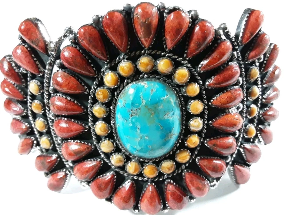 925 STERLING LARGE 67 STONES CORAL SPINY OYSTER TURQUOISE 5 7/8" BRACELET 43.5g - Image 2 of 4