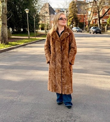 Luxury Vintage Golden Mink Fur Coat Women L XL Genuine Real Fur Long Coat