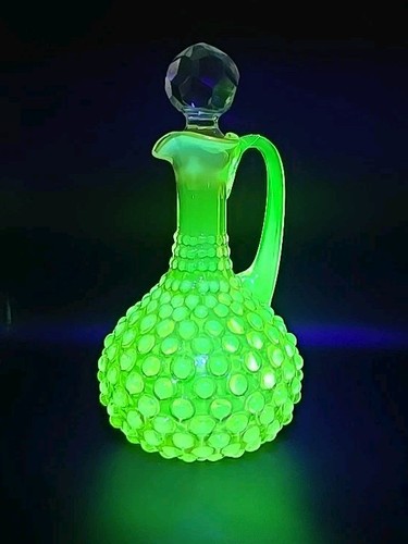 Victorian Vaseline Cadmium Rubina Red/Green/Yellow Hobnail Blown Glass Cruet - Picture 6 of 23