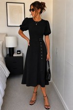 Review Black Puff Sleeve Midi Dress Size 12 Belted Work Party elegant 