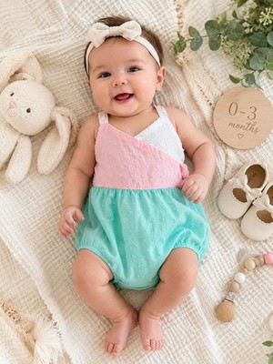 Dylan & Abby Color-blocked Bubble Romper White/Pink/Mint Clip Dot Sz 0-3M