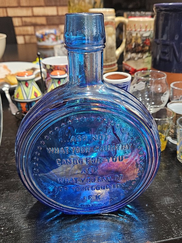 JFK Wheaton Iridescent Glass Blue Carnival Collectors Decanter First Edition 4"