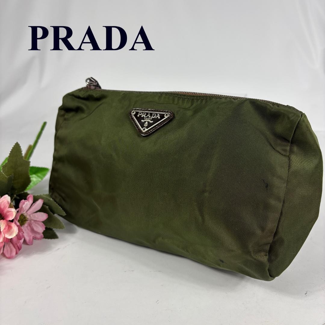 Prada Triangle Makeup Pouch in Dark Green Nylon CL765498