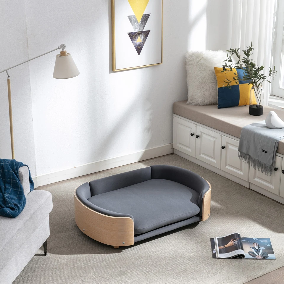 Elevated Dog Bed 32x20x7 & Bent Wood Back & Solid Wood Legs & Velvet Cushion - Image 2 of 4