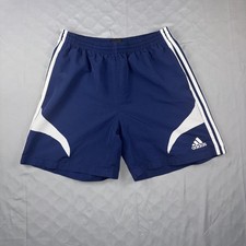 Vintage Y2K Adidas Soccer Shorts Mens L Blue White 3 Stripe Drawstring Lined