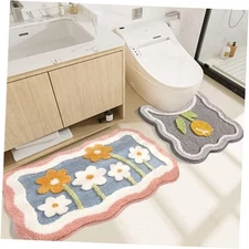 Bathroom Rug Set 2 Piece, Soft Pink Cute Bath Mat and U-Shaped Contour Toilet 