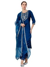 Women's Silk Blend Embroidered Kurta with Pant  Dupatta Set