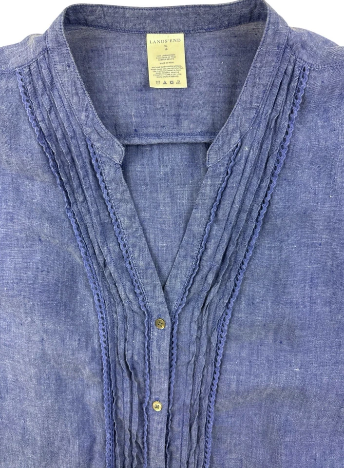 Camisa Lands End Chambray Botão 100% Linho Azul Costeiro Pintucking Feminina Extra Grande - Imagem 3 de 4