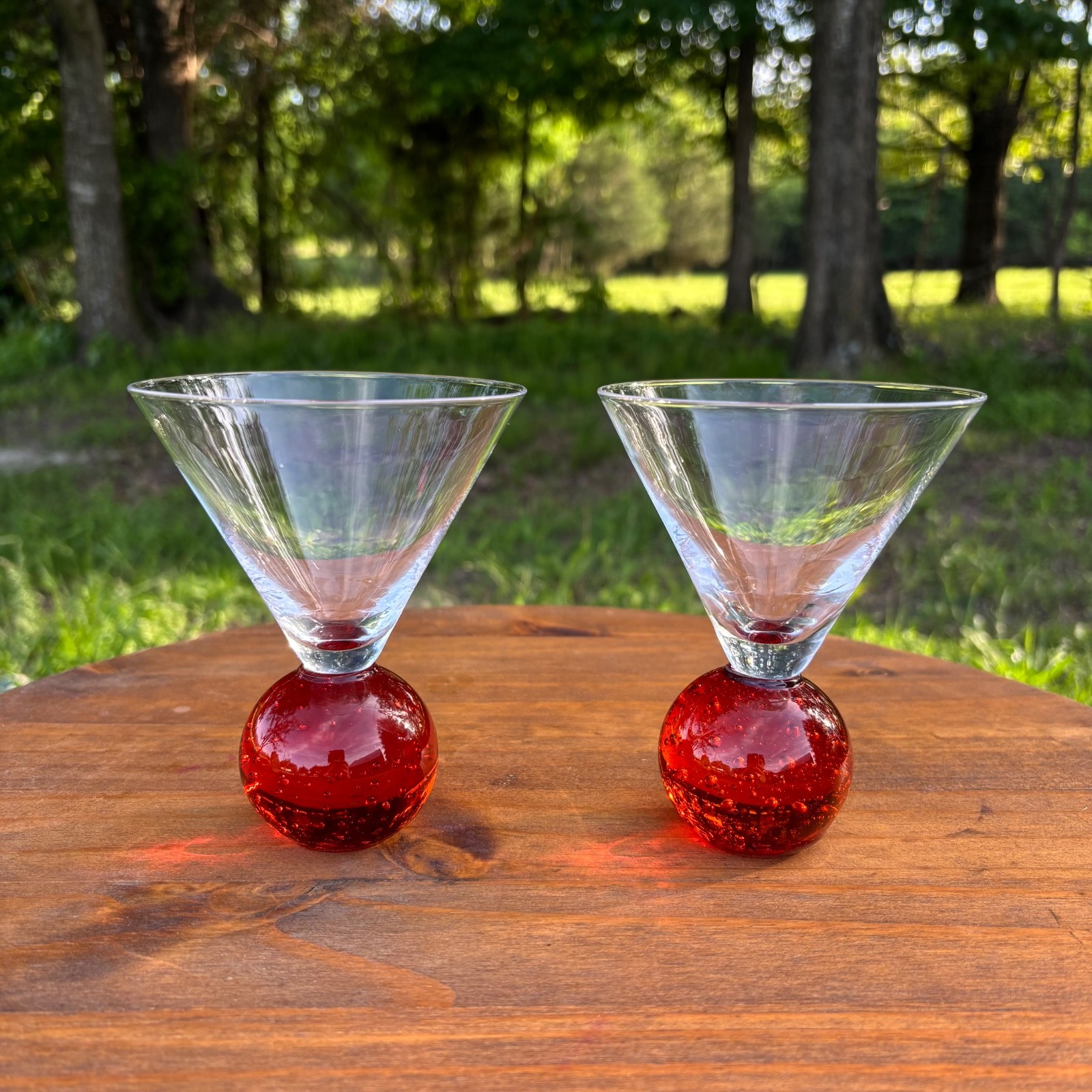 Vintage art glass martini glasses *GLOWS* red orb base- MCM style (set of 2)