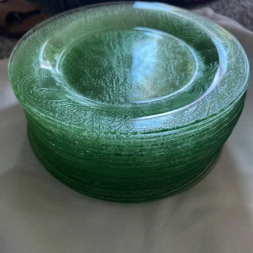 4 Pc Indiana Glass Green Uranium Dinner Plates Horseshoe Pattern 8 1/4" VTG