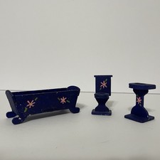Dollhouse 1:12 Wood Painted Bathroom Set Toilet Bathtub Sink Blue Floral Lot