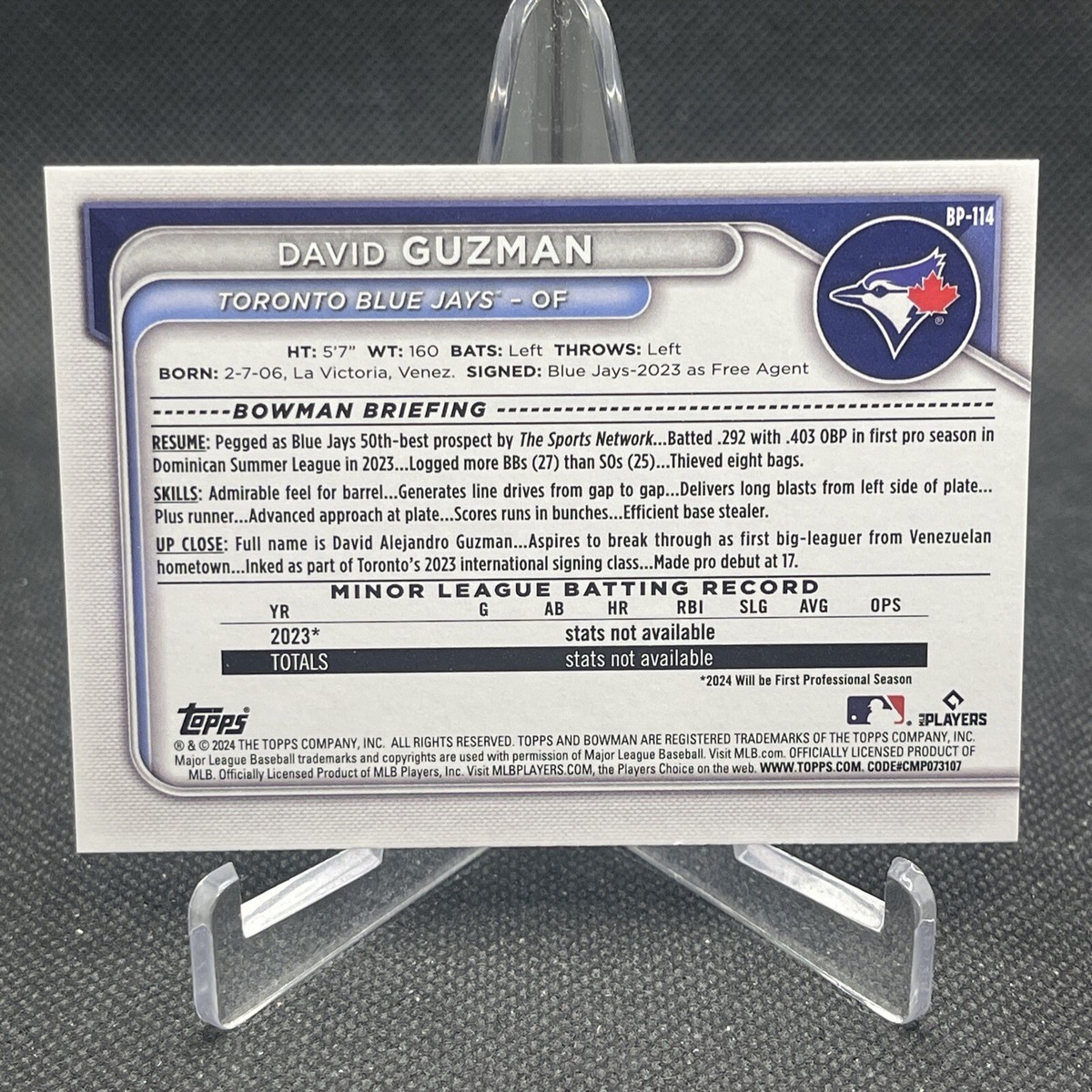2024 Bowman #BP-114 David Guzman Prospects Toronto Blue Jays