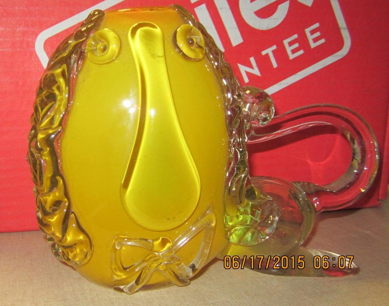  Mid Century Figural Lion Bow Tied Mug.Funky, Pop Art Glass, Very 1960s