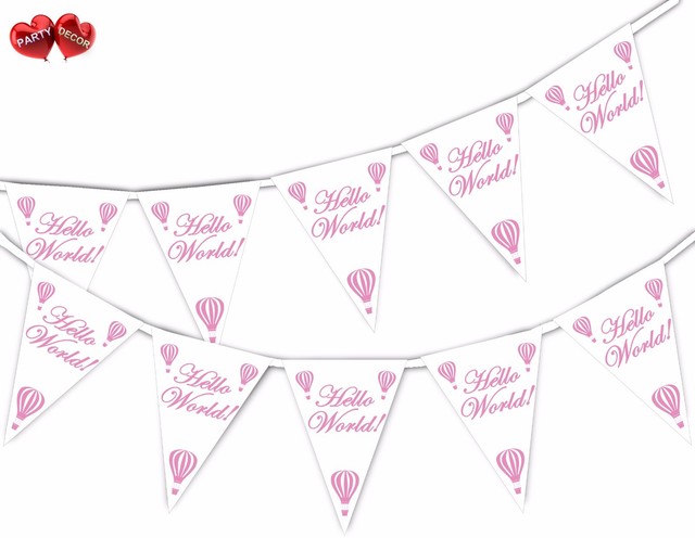 Hello World Travel Themed Bunting Banner 15 Flags Pink Air