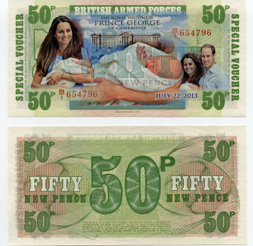 BEBÉ REAL *Príncipe George* Fuerzas Armadas Británicas 50 Nuevo Pence Serie 6 Billete de Banco - Imagen 1 de 1