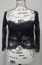 Guess Women's Black Lace Sheer Gothic Crop Top Long Sleeve Blouse Size Large