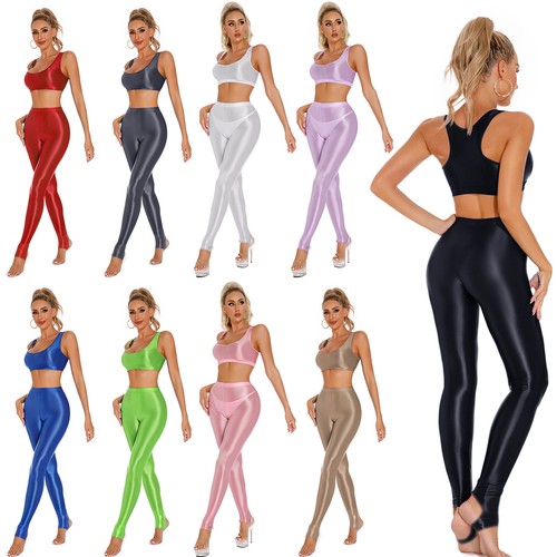 Women's Vest With Trousers Shiny Crop Tops And Pants Workout Blouse Tights Suit - Picture 1 of 84