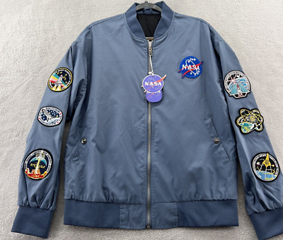 NASA Jacket Mens Sz XL Aviator Bomber Full Zip Gray Patches Space Shuttle