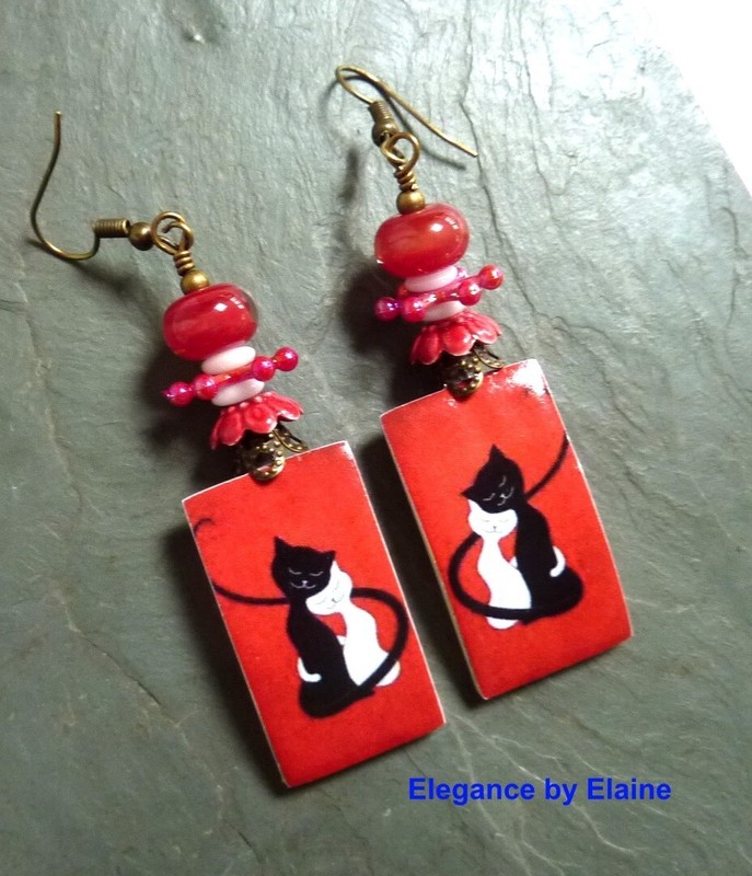 Cat Earrings Black & White Cats on Red Orange Handmade Artisan Earrings Feline
