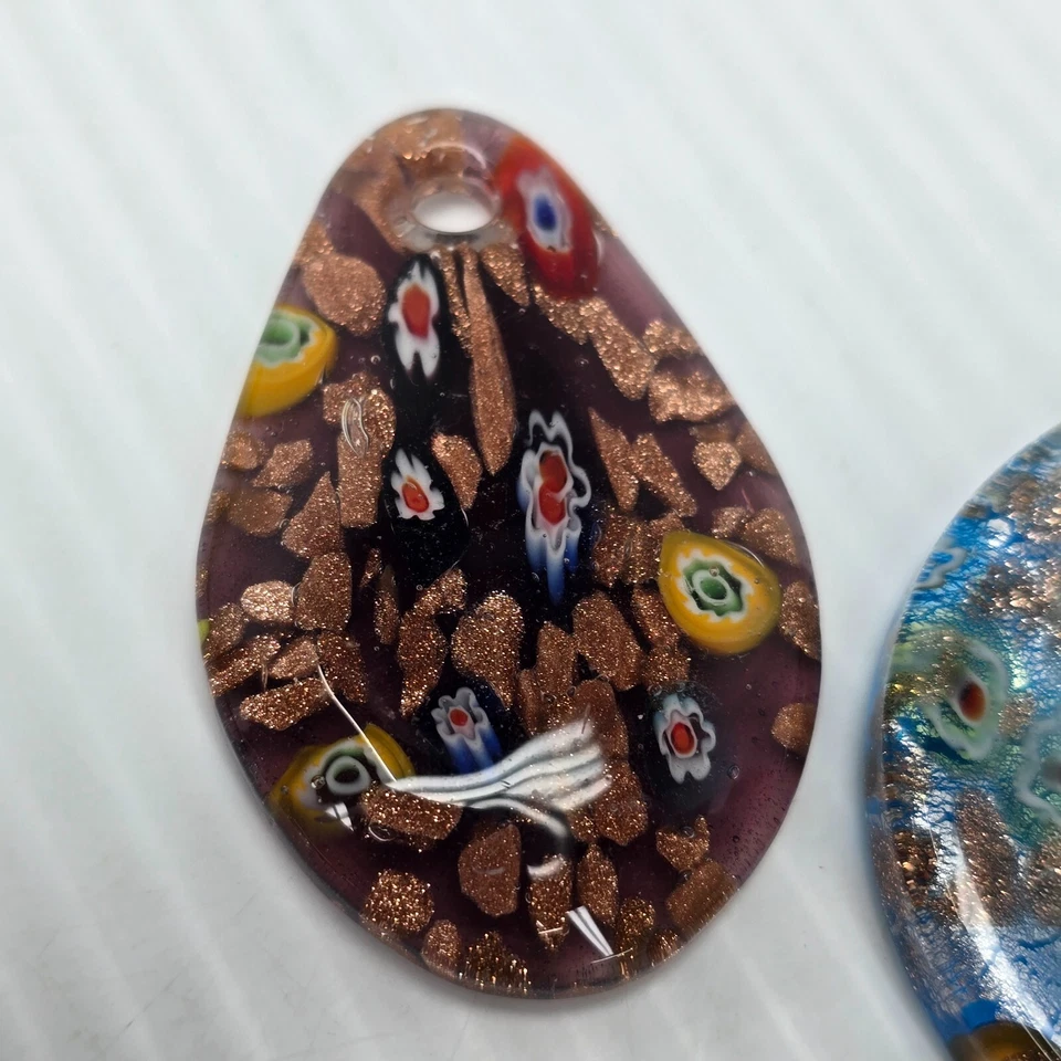 Лот из 2 стекла пончик и капли подвески светло-синий цветочный коричневый цвета 2 дюйма - Изображение 3 из 4