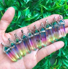 10pcs Rainbow Glass Natural Hexagon bead Point Healing Pendant Crystal Gemstone