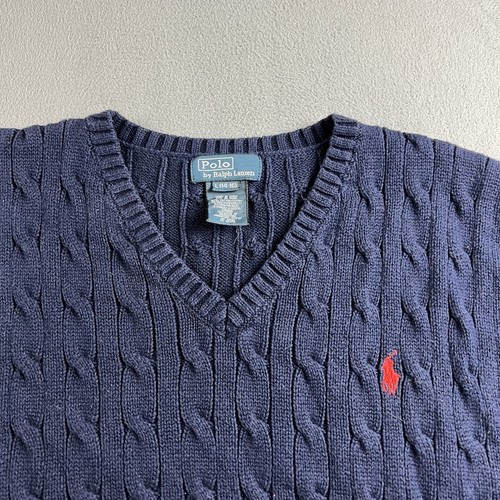 Polo Ralph Lauren Vest Boys Large 14-16 Navy Blue Cable Knit V Neck Sweater - Picture 2 of 10