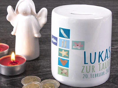 GRAZ DESIGN Spardose Taufe Junge mit Namen Geld Geschenk personalisiert Kreuz Blau Baby