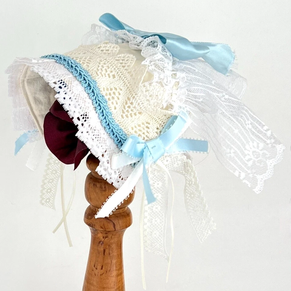 Civil War Victorian Reenactment Reproduction Womens Day Cap Hat Blue & White - Image 2 of 4